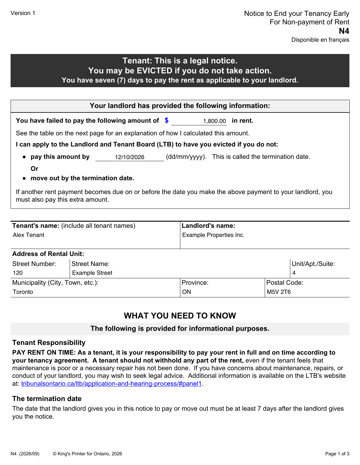Page 1 of the official N4, filled in: CAD 1,800 owing, termination date October 12, 2026, Alex Tenant at 4-120 Example Street, Toronto, ON M5V 2T6.